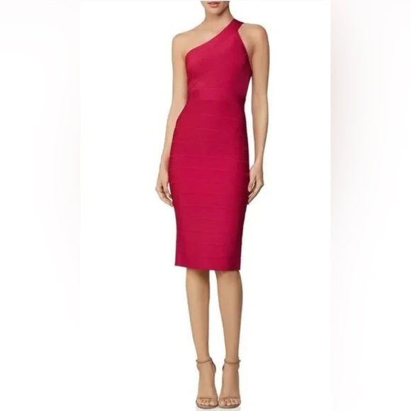 Herve Leger Womens Icon One-Shoulder Sheath Dress Large Dark Crimson- NWT $850 - Picture 1 of 8